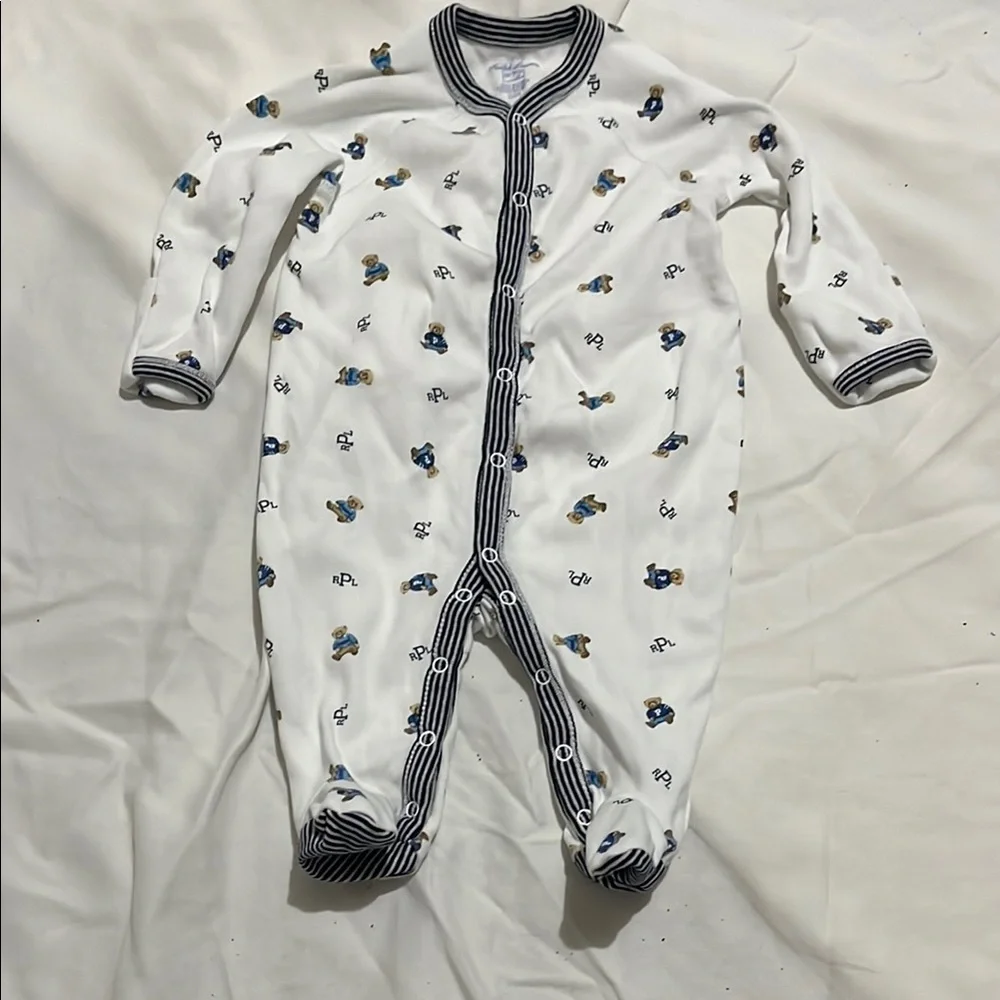 Ralph Lauren White Navy Trim Bear Print Footie